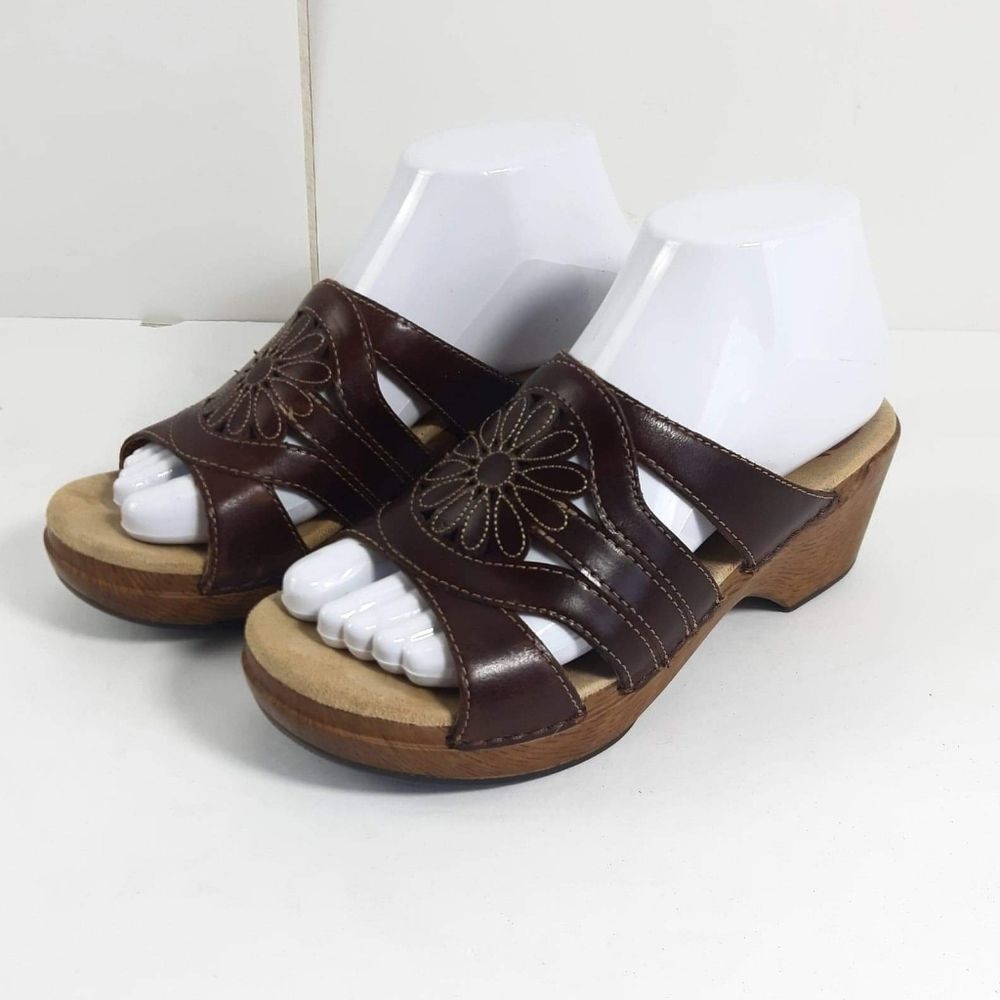 Dansko Brown Floral Stitch Leather Wedge Mules